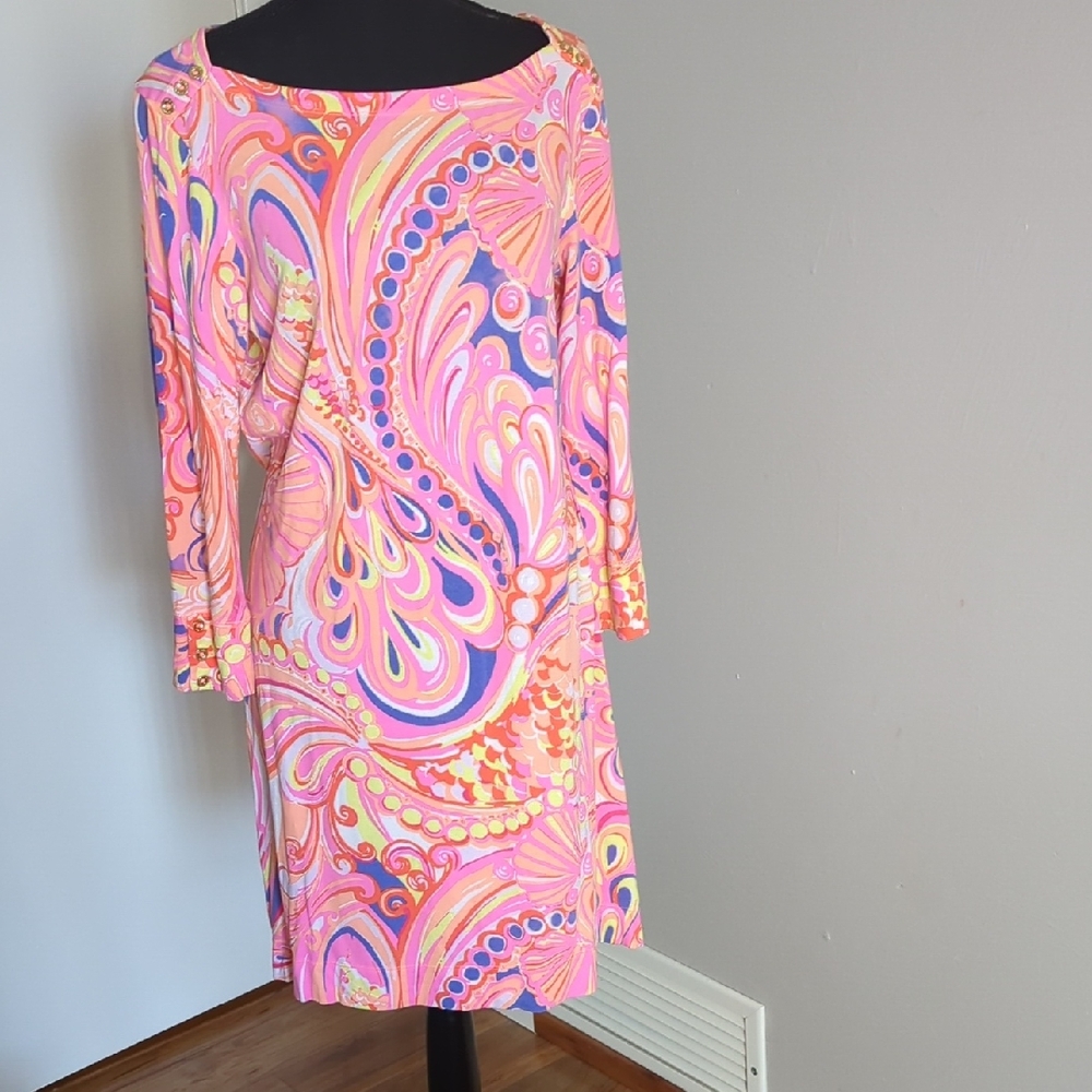 Lilly Pulitzer LG Pink and Purple Ruffled Sheath Dress with Bateau Neckline,